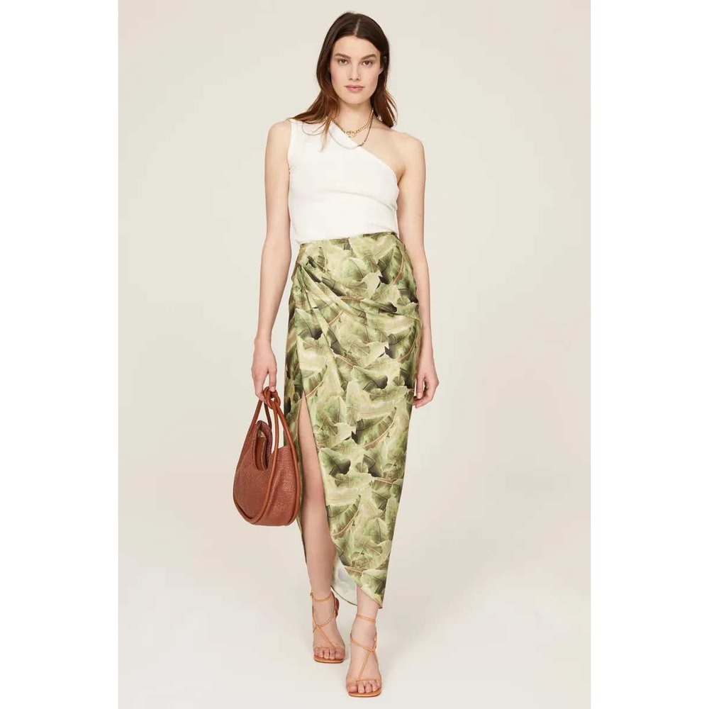 Baja East Cascade Skirt Green Satin Palm Print Maxi Side Slit Size 2-4 US‎